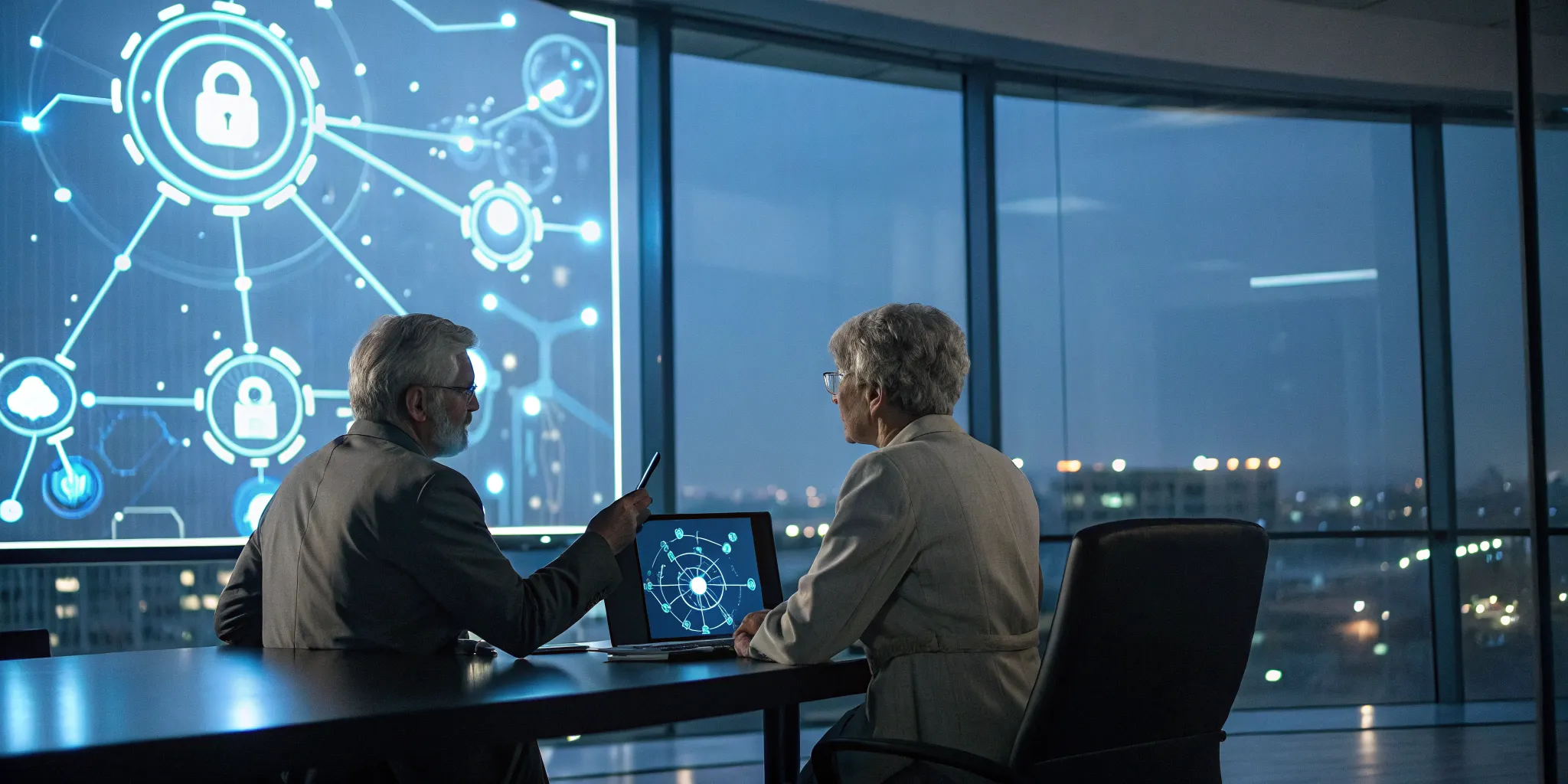 Two professionals discussing how to hire a managed security operations center.