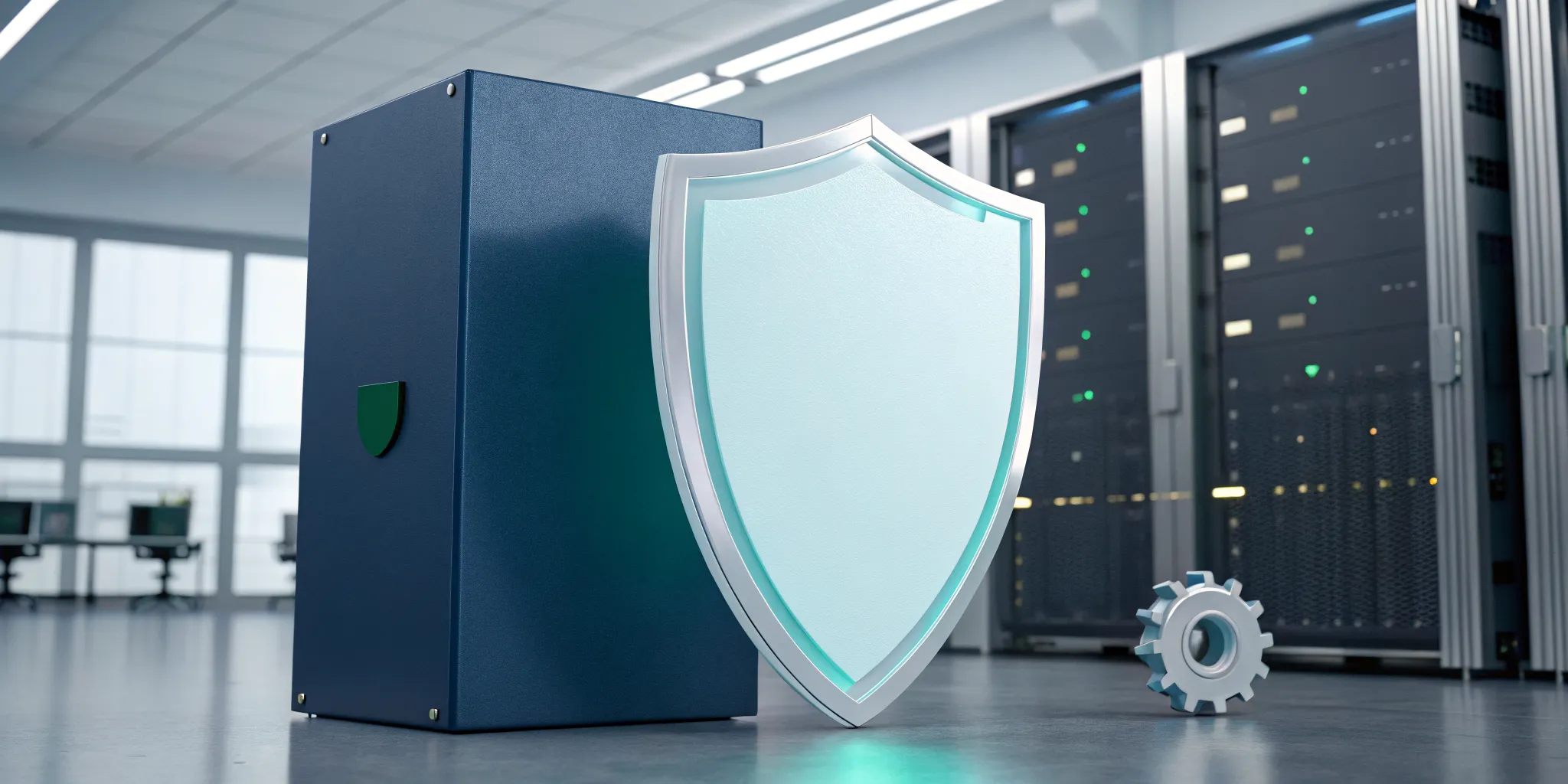 A shield and gear over a server rack for managing virus and threat protection exclusions.