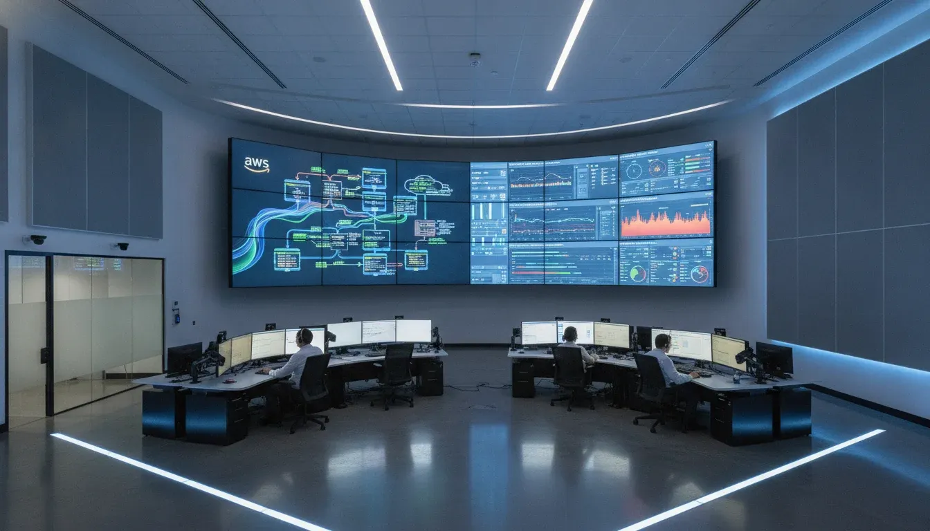 A secure enterprise-grade cloud operations center with advanced security dashboards displaying AWS architecture diagrams and monitoring tools