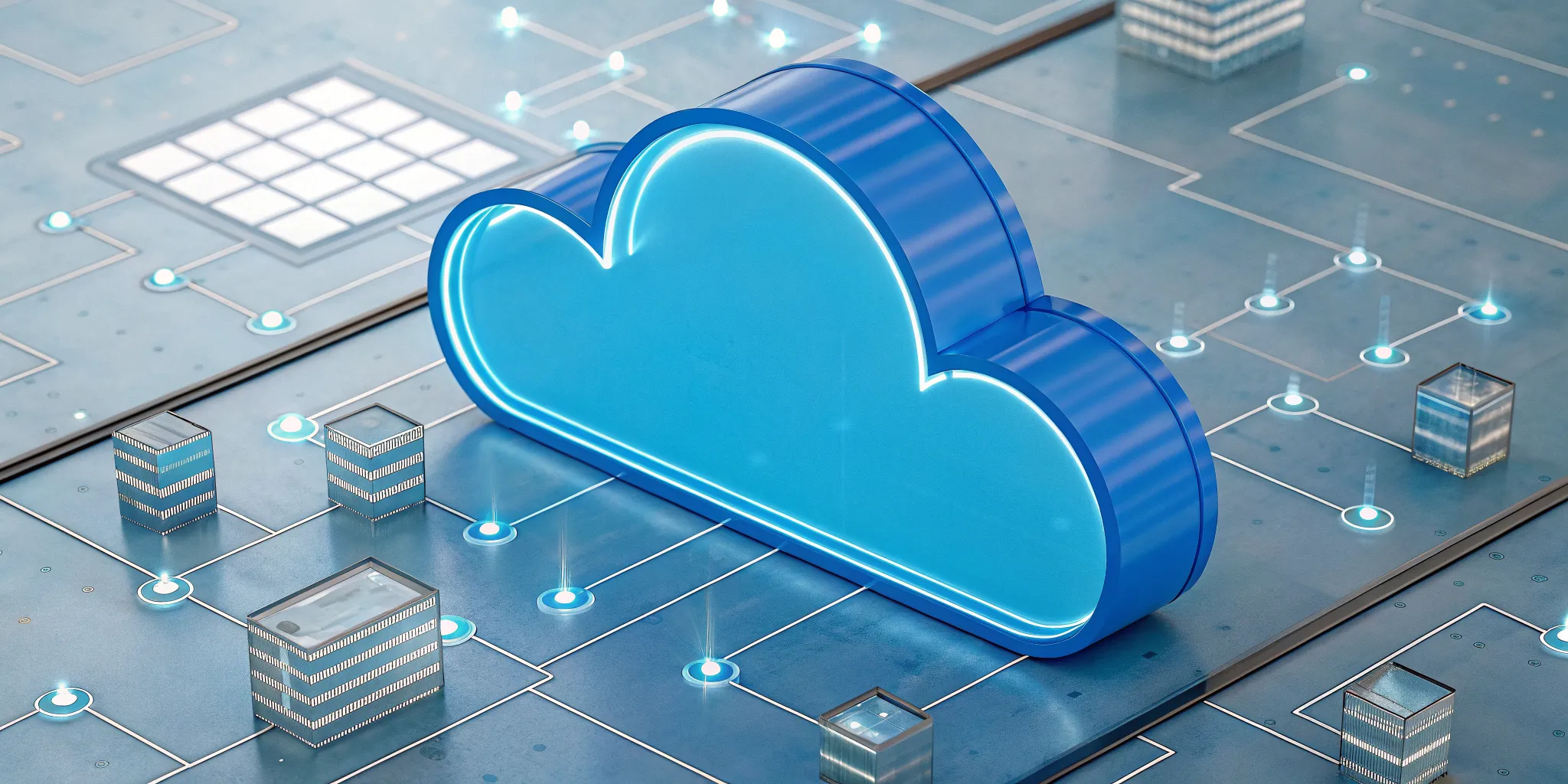 Blue cloud icon on a digital network showing the pricing models for Azure managed services.