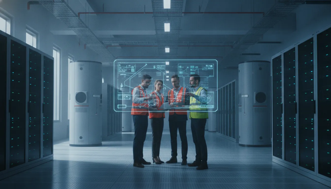 Engineers reviewing enterprise backup architecture in a secure data center