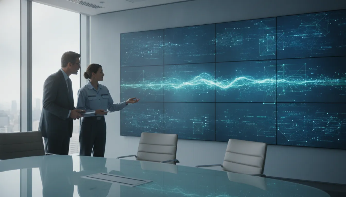 Two IT directors reviewing security dashboards during a strategy session with a cybersecurity engineer