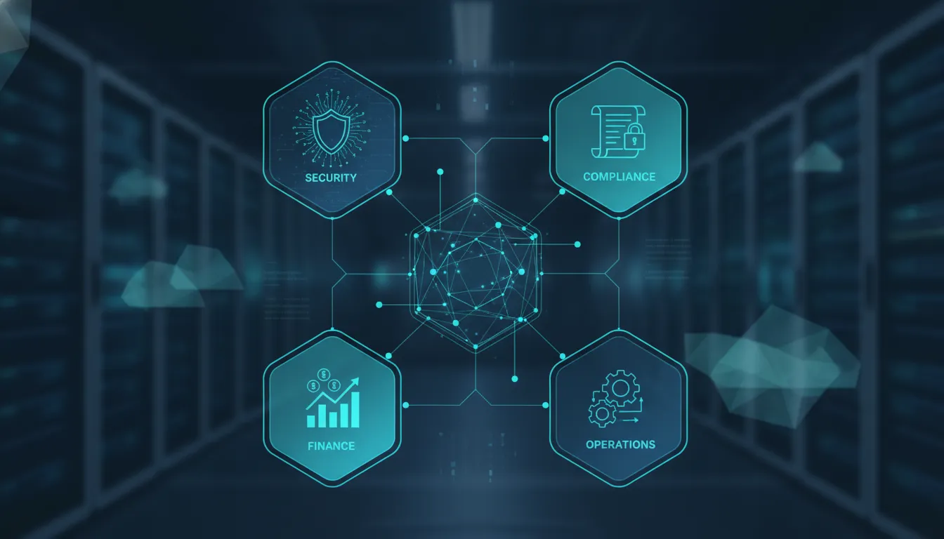 Cloud governance control plane connecting security, compliance, finance, and operations