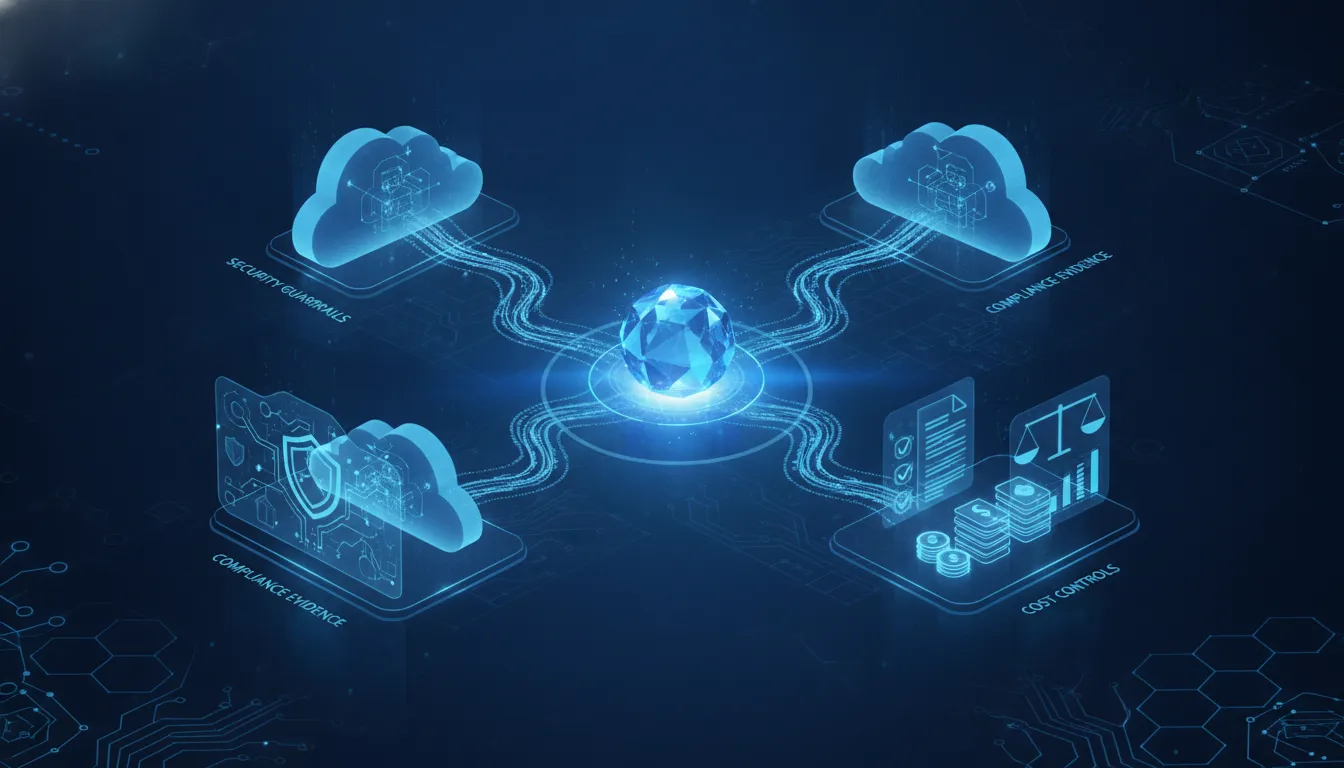 Cloud governance framework connecting policy, automated controls, evidence, and accountable owners