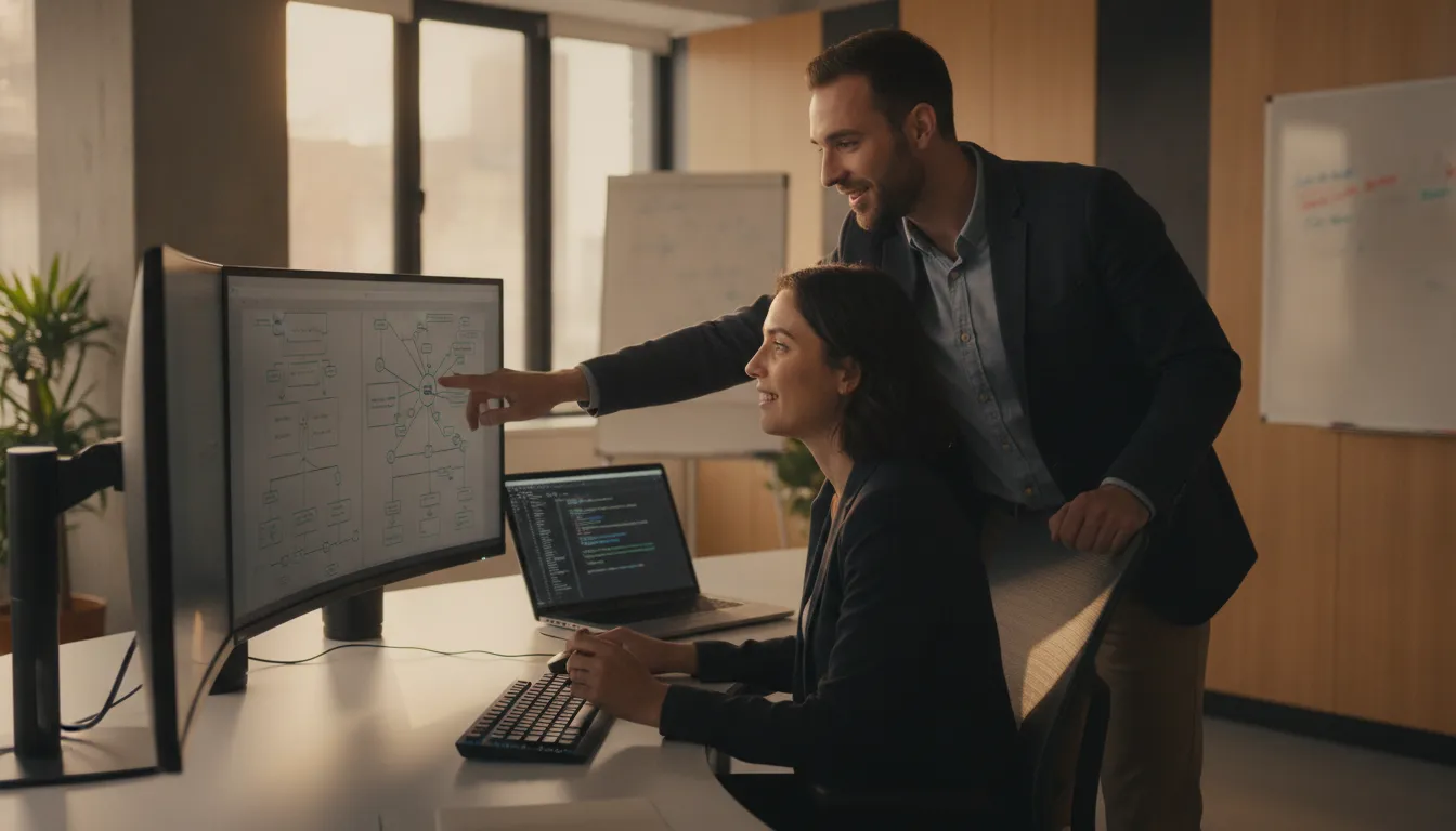Two IT professionals collaborating in a modern office, reviewing network infrastructure diagrams on a monitor together