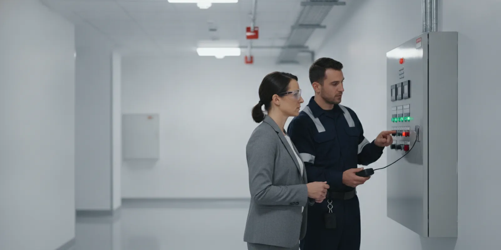 Fire alarm control panel in a commercial facility corridor with a technician reviewing system status