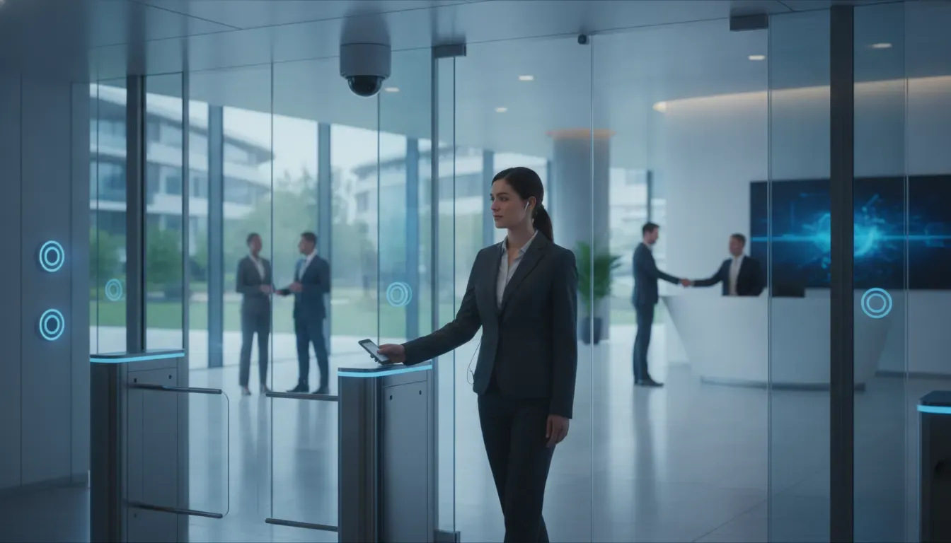 Unified commercial security systems connecting access control, video surveillance, and visitor management at a corporate entrance