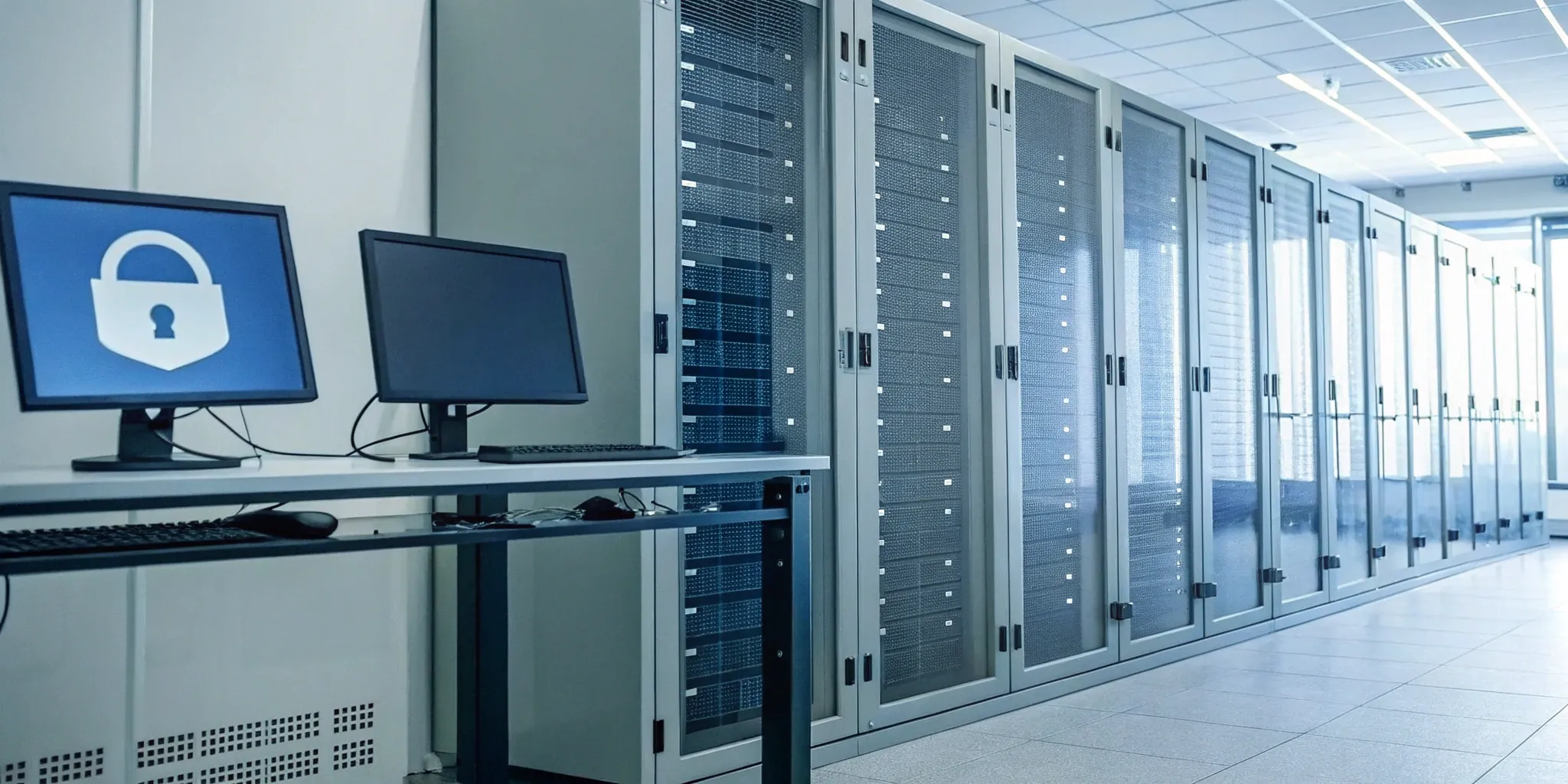 Secure server room monitors showing examples of email security systems protecting against threats.