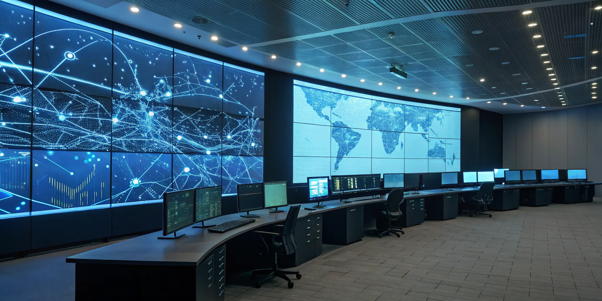 Comparing NOC and SOC services in an operations center with data screens.