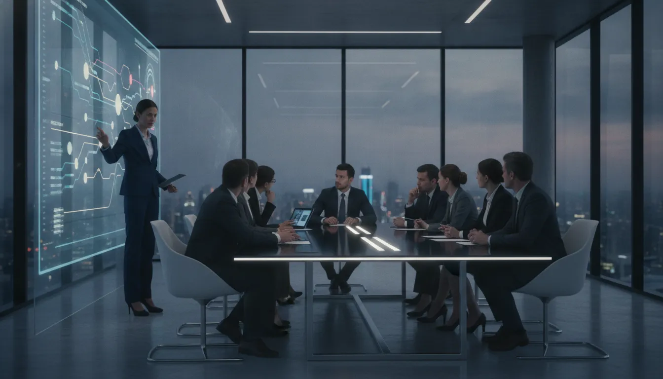 CISO presenting a cybersecurity dashboard to a board of directors in a conference room
