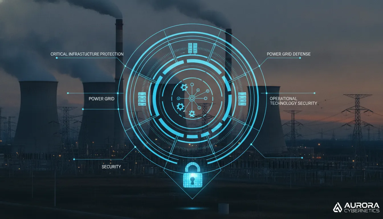 Cybersecurity for energy utilities protecting critical infrastructure with industrial power grid and digital security overlay