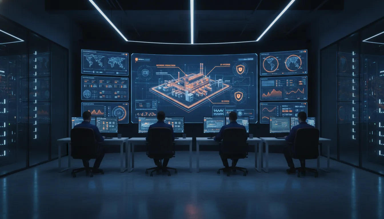 Cybersecurity operations center monitoring industrial manufacturing equipment with digital security overlays
