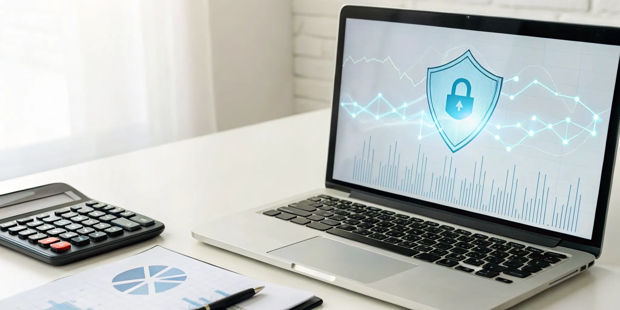A laptop with a cybersecurity shield, calculator, and charts for a cybersecurity risk assessment quote.