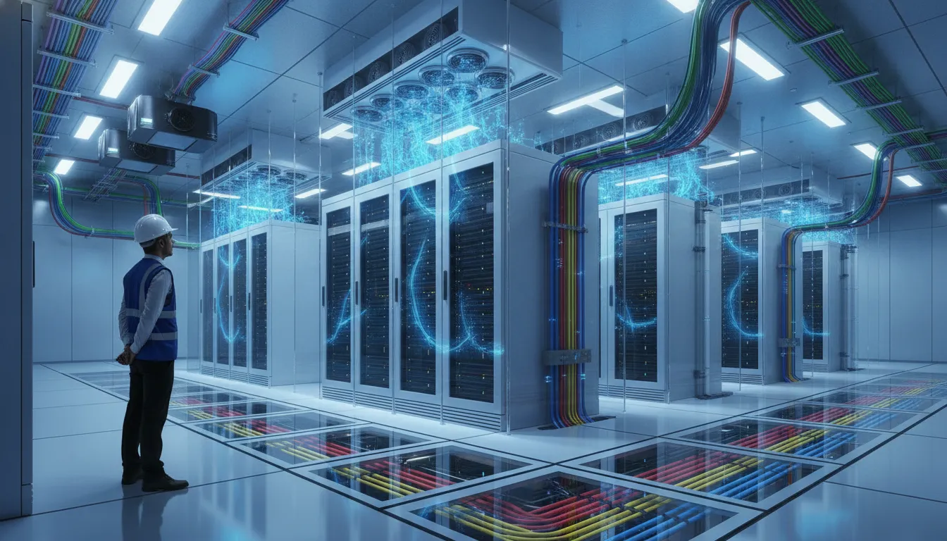 Data center infrastructure visual showing racks, power, cooling, and network paths