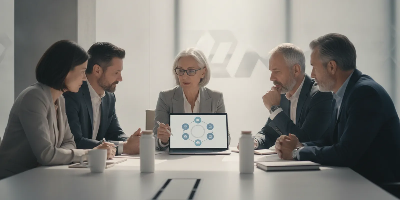 IT and privacy leaders reviewing a data lifecycle diagram in a modern conference room