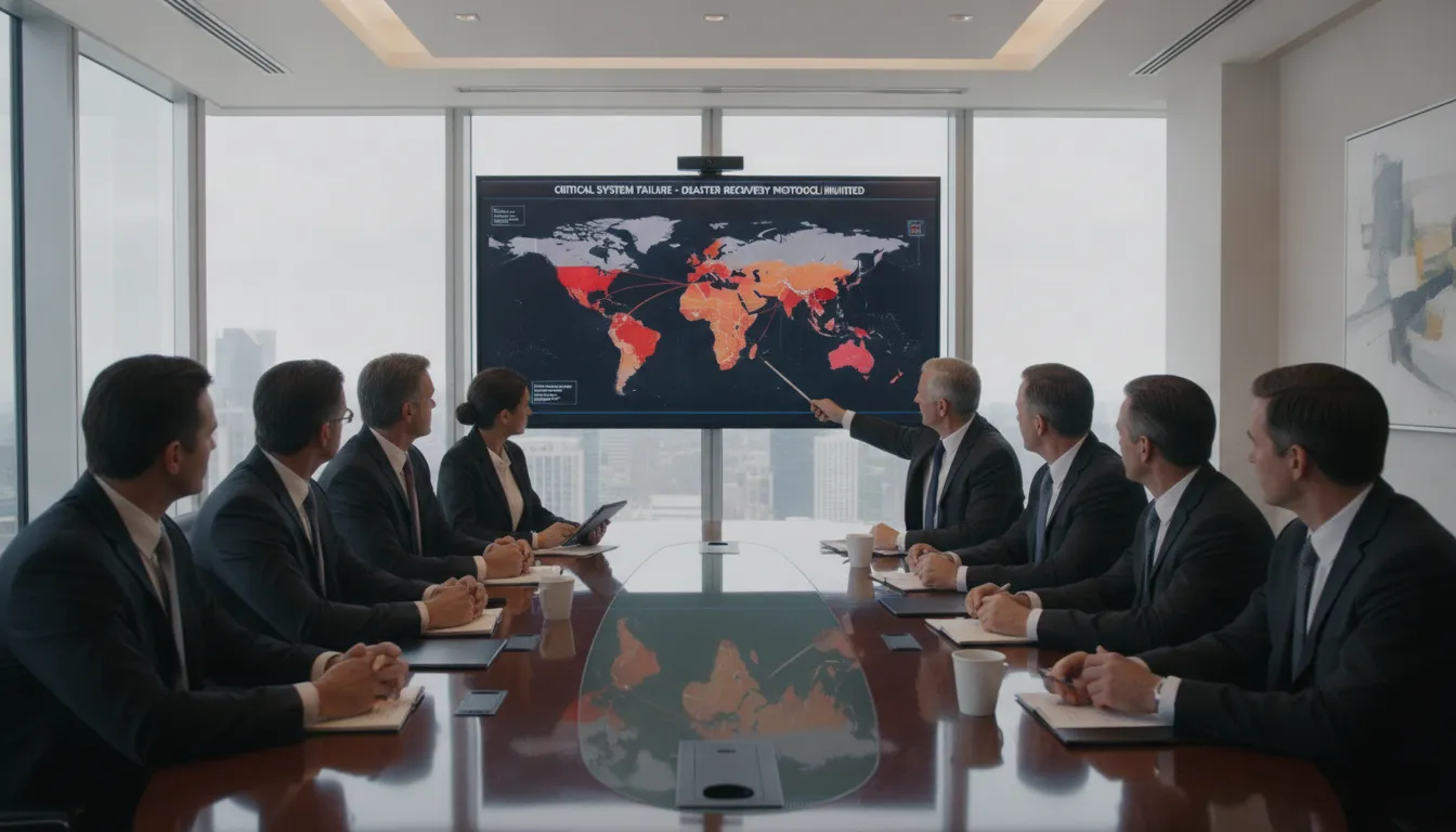 CIOs and IT executives gathered around a conference table in a modern boardroom discussing disaster recovery tabletop scenario