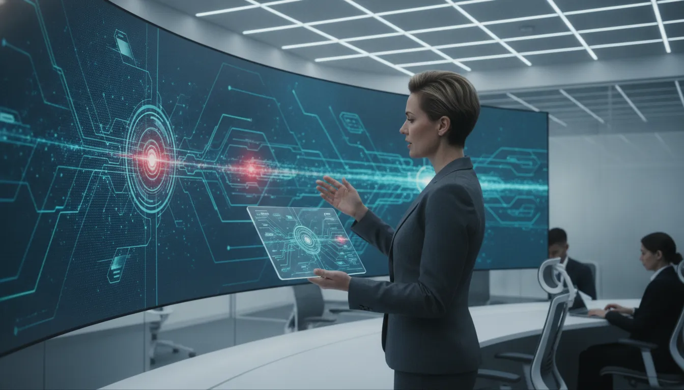 Security operations center professional reviewing endpoint threat detection architecture on a digital display