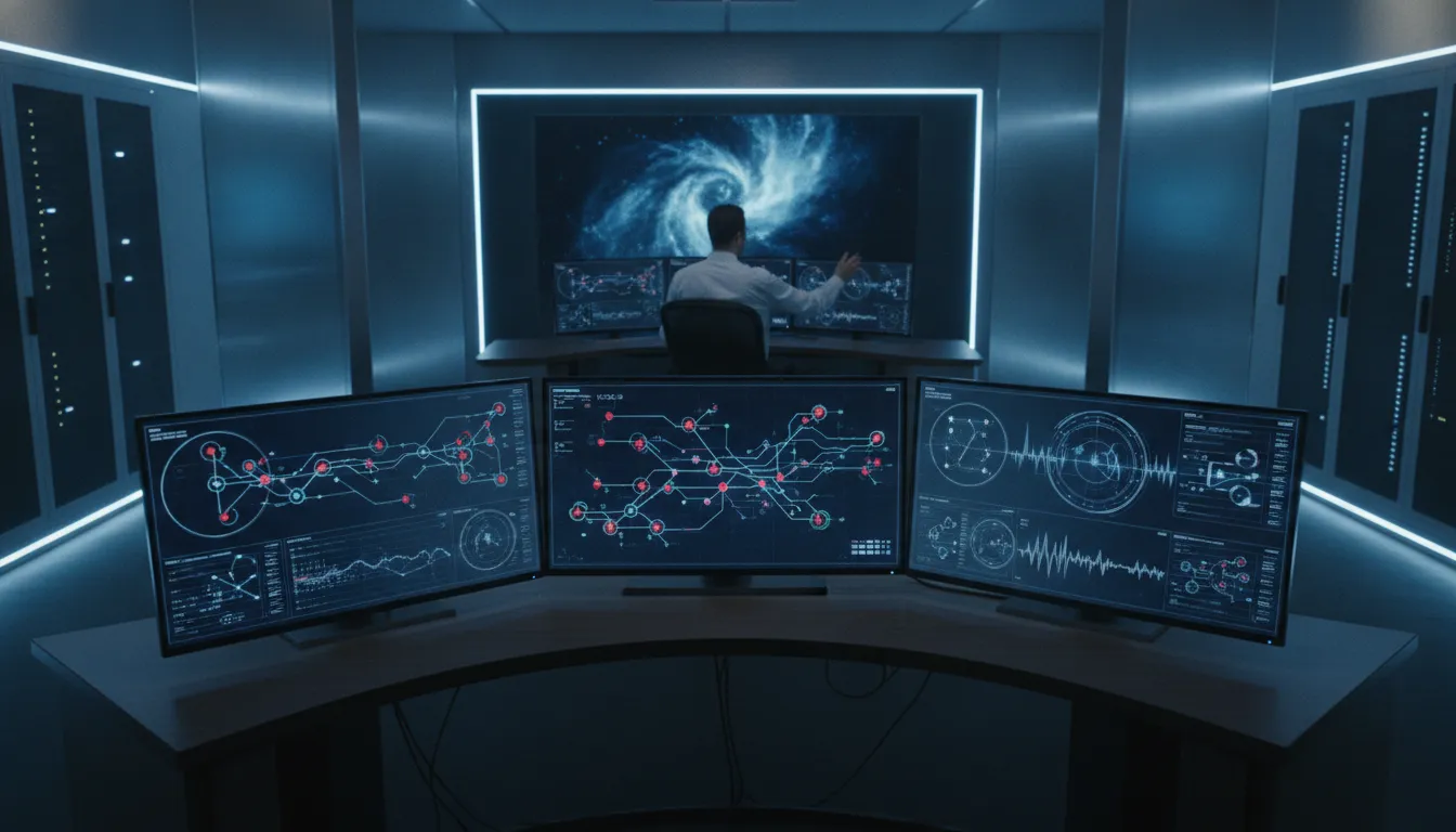 Cybersecurity analyst monitoring endpoint security data across multiple screens in a modern operations center