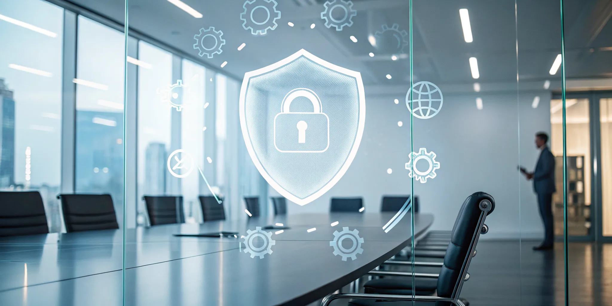 A digital shield icon over a conference table, outlining vulnerability management roles and responsibilities.