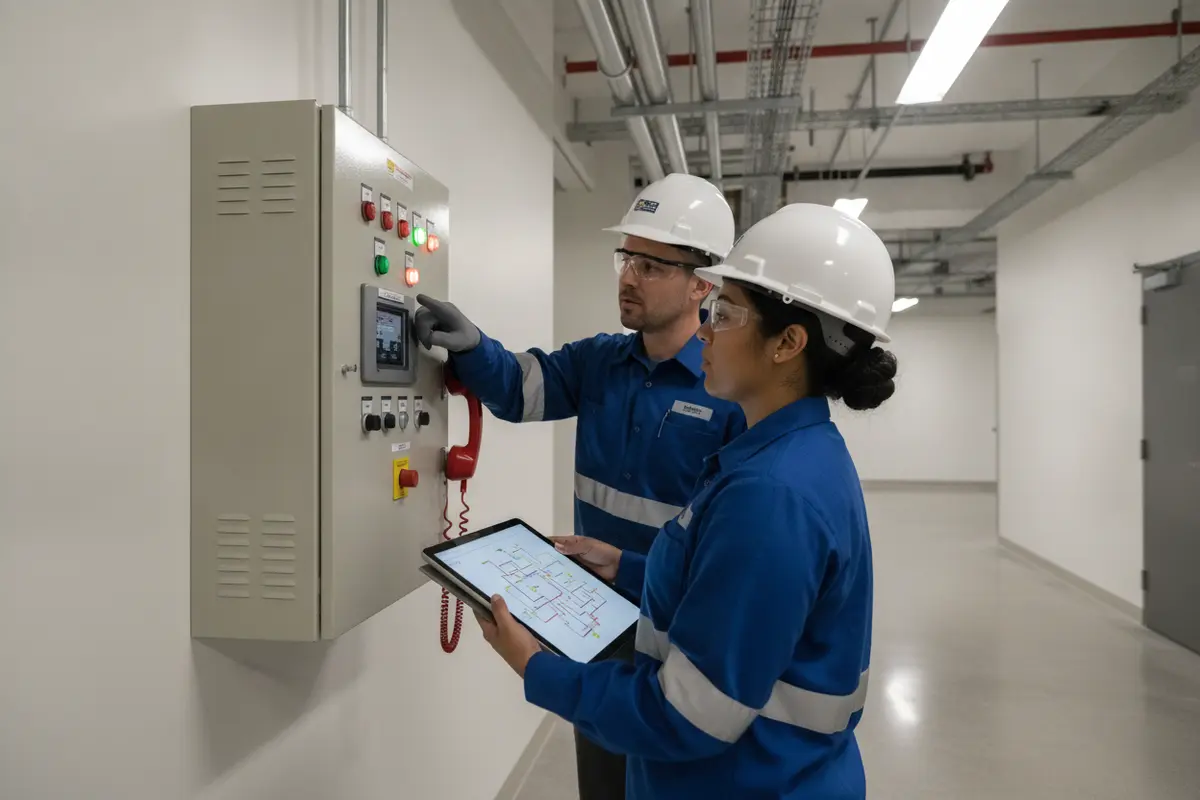 Facilities engineer and fire protection technician reviewing a commercial fire alarm control panel