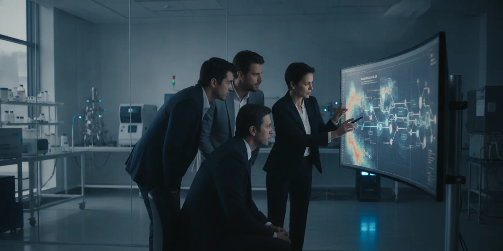 Life sciences IT leaders reviewing a technology risk map in a modern laboratory operations room