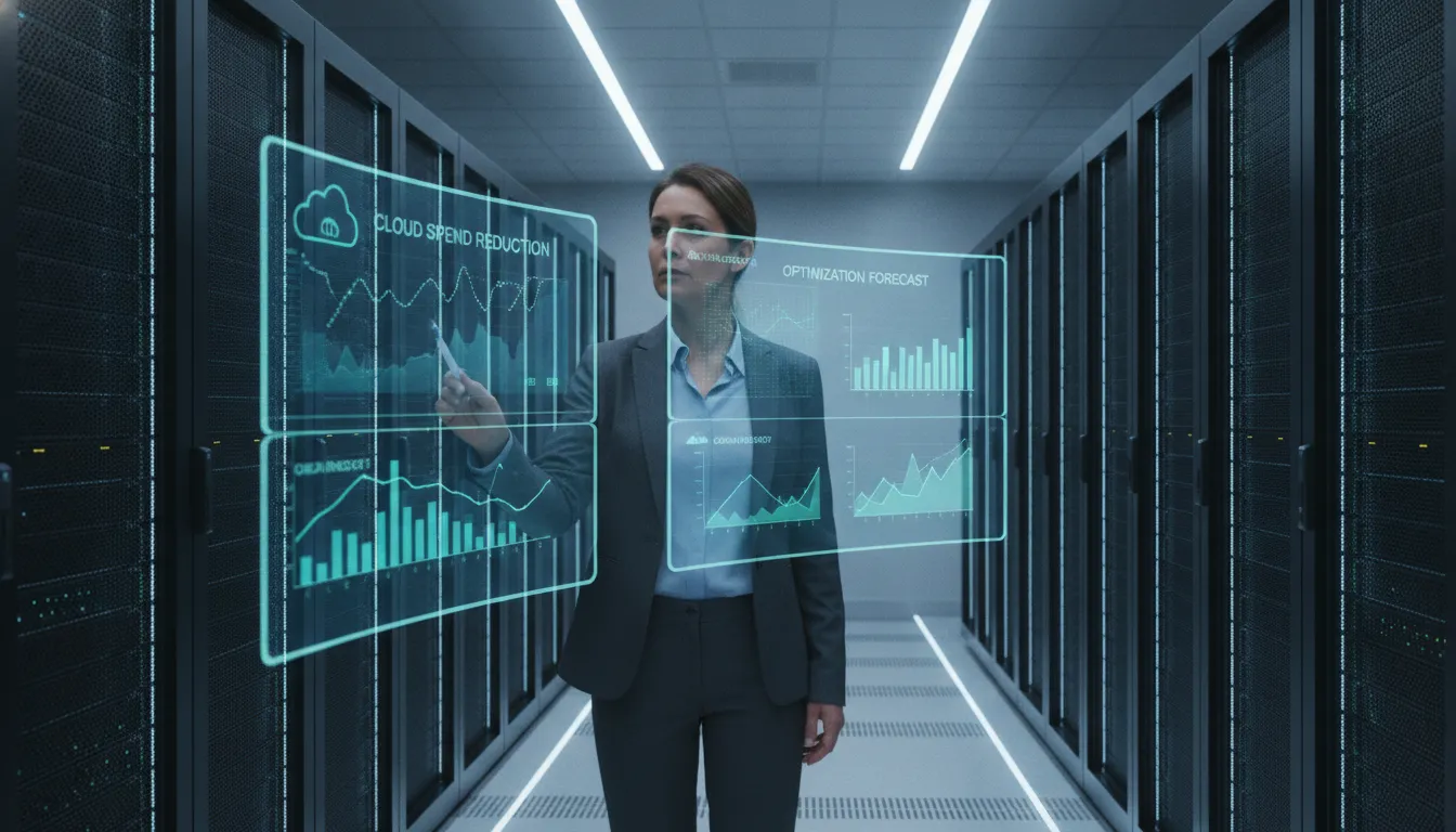 A corporate CIO reviewing cloud cost optimization charts on high-tech monitors