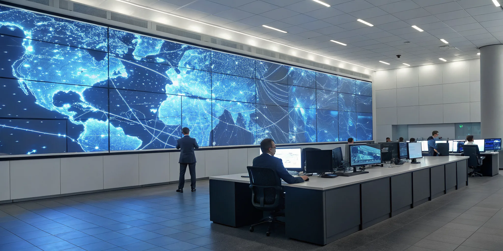 Analysts in a global security operations center monitoring threats on a digital world map.