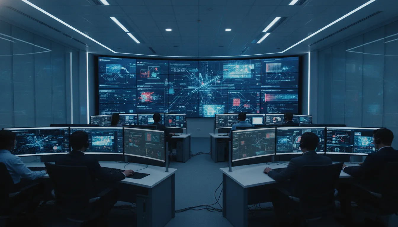 Modern security operations center with analysts monitoring systems, healthcare compliance dashboard displays, blue and white professional lighting