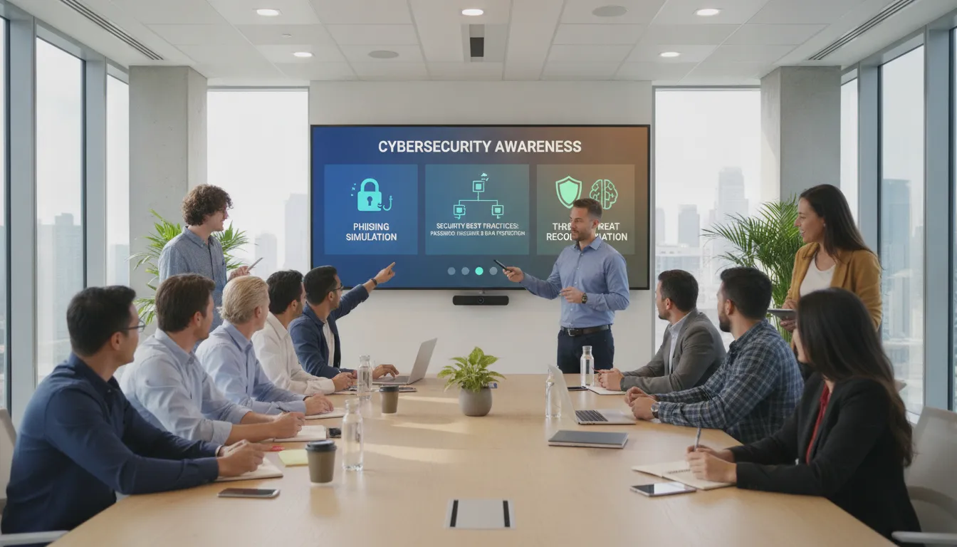 Corporate training session where employees learn cybersecurity awareness concepts and phishing prevention in a modern office setting