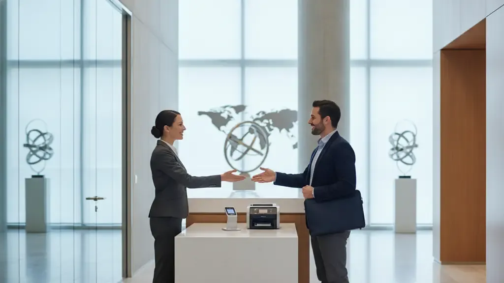 Visitor management system check-in experience at a modern corporate facility