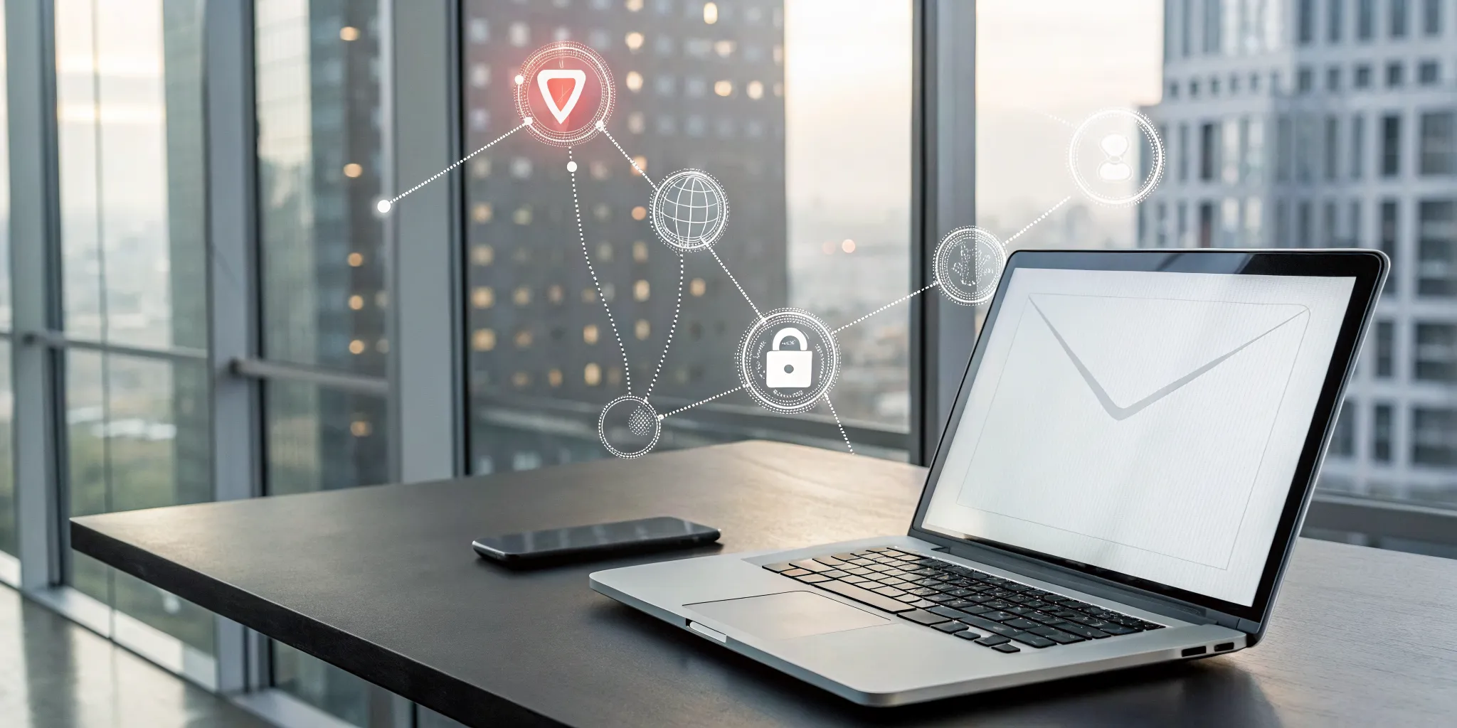 Laptop with enterprise email security icons to prevent phishing attacks.