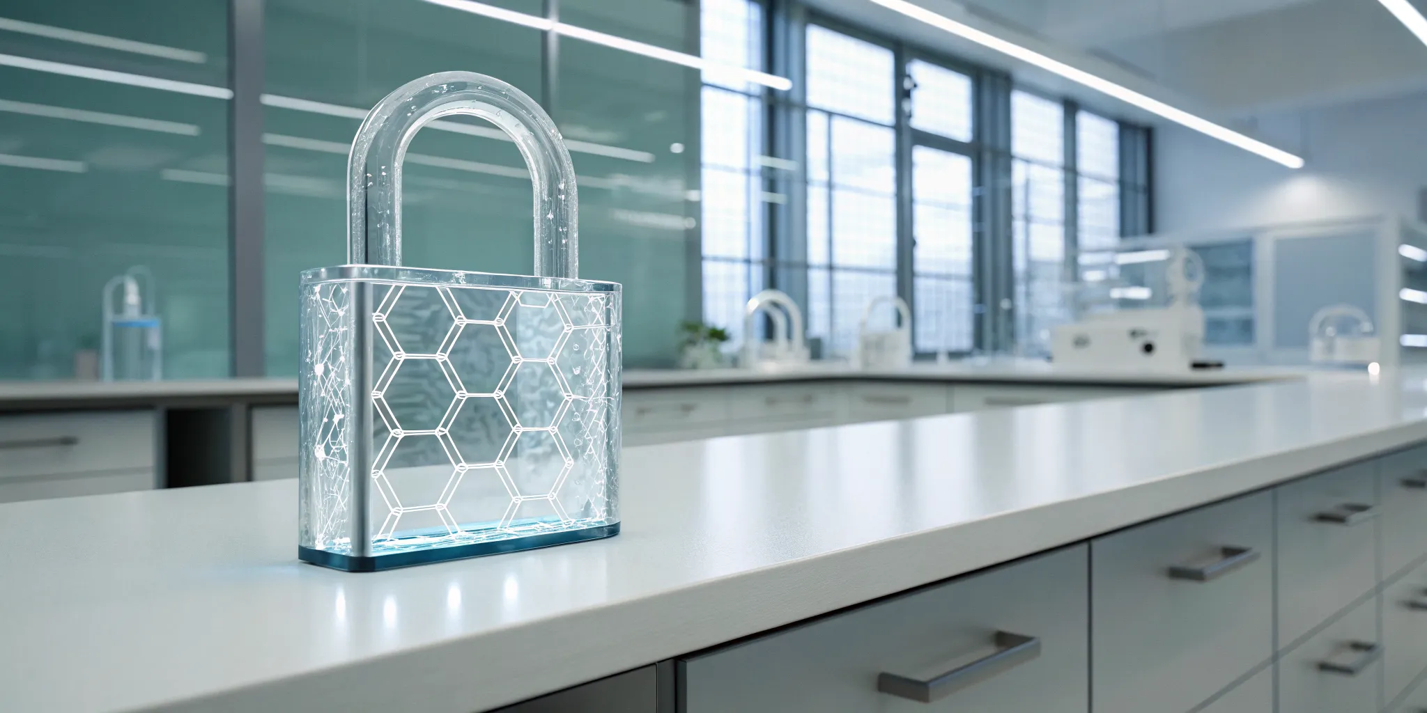 A transparent padlock on a lab counter secures life science research data.