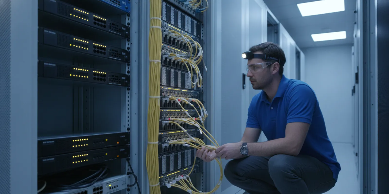 Technician inspecting labeled office network cabling