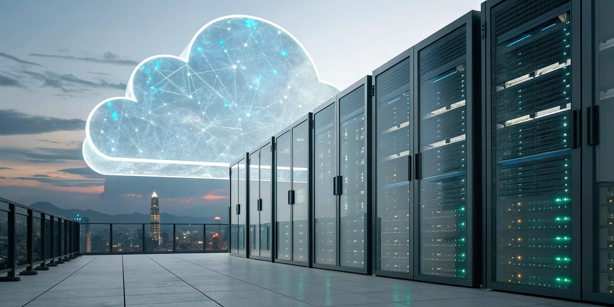 Hybrid cloud architecture connecting servers to a digital cloud, delivering benefits in flexibility and performance.