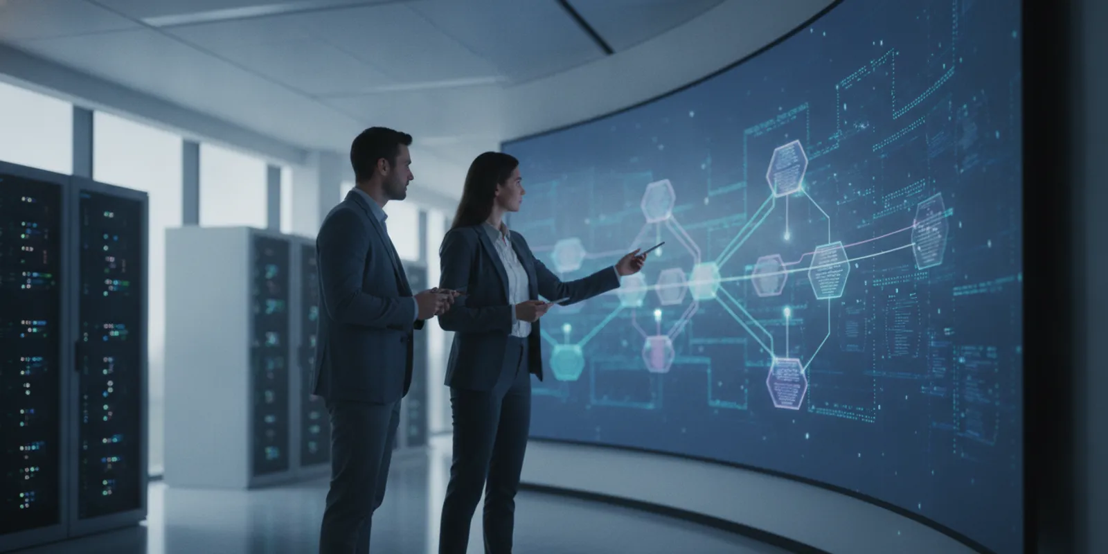 Infrastructure leaders reviewing a hybrid cloud architecture diagram on a screen in a modern operations room