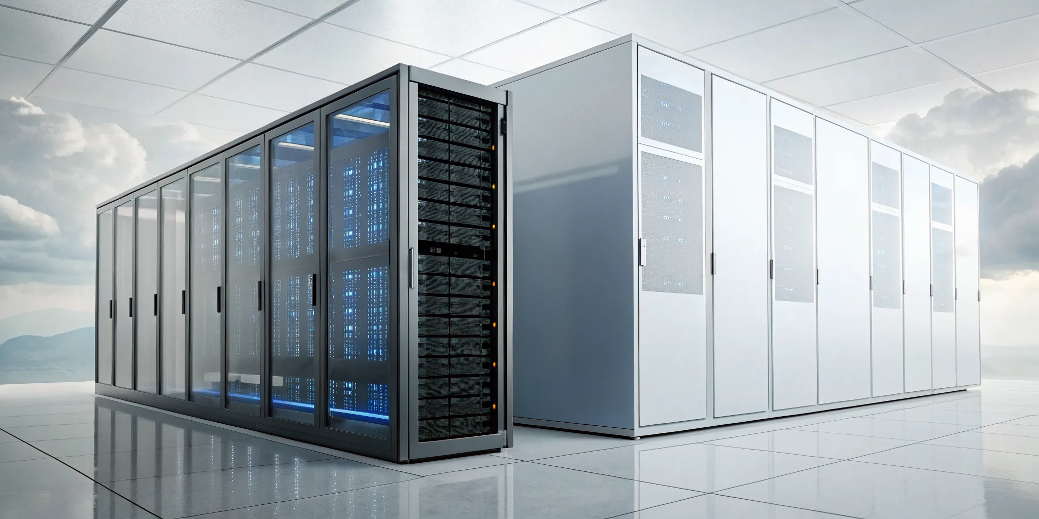 Server racks in a modern data center comparing hybrid cloud vs community cloud infrastructure.