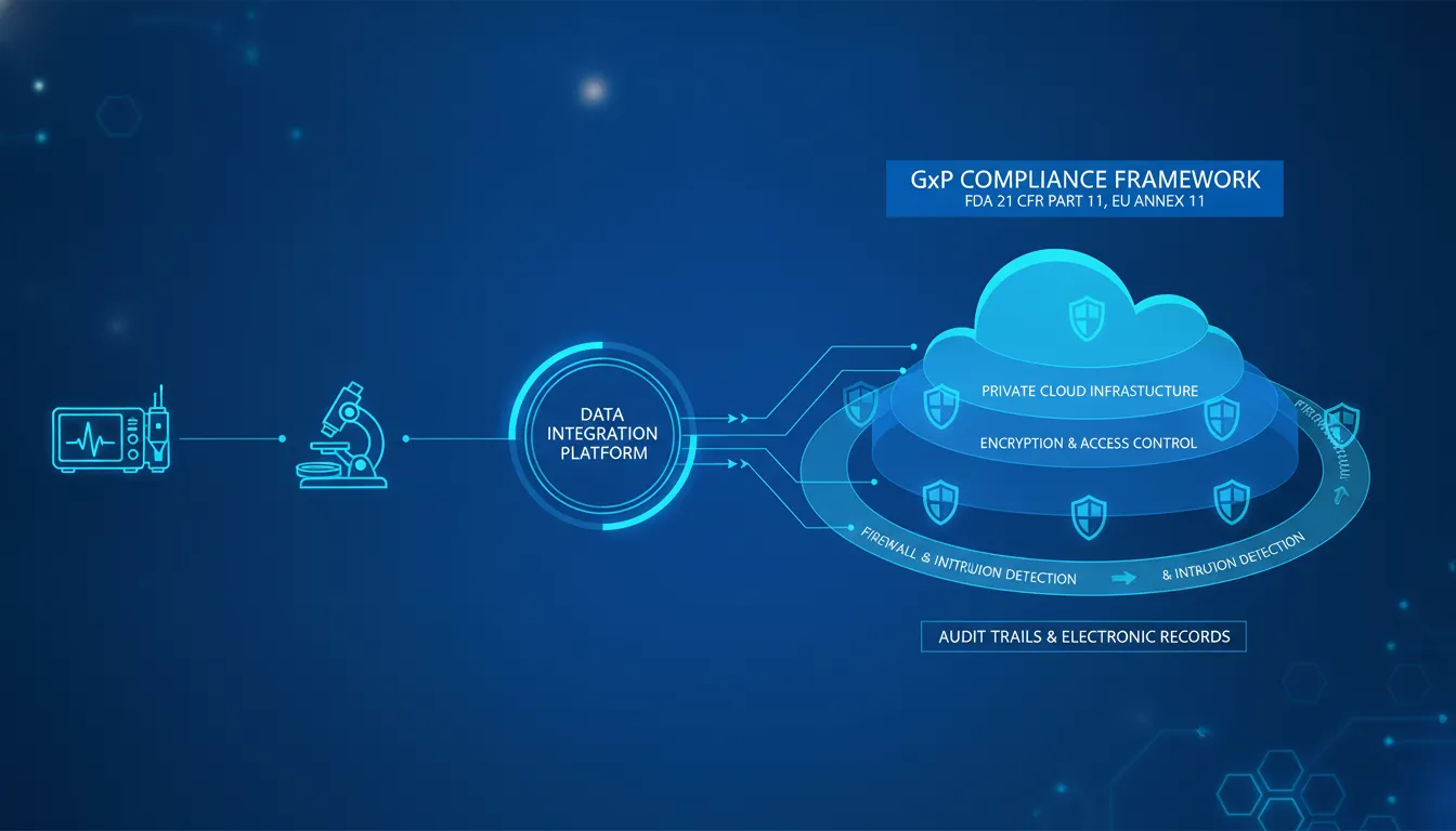 Diagram showing connected medical devices, laboratory systems, and secure cloud infrastructure with layered security controls for GxP compliance