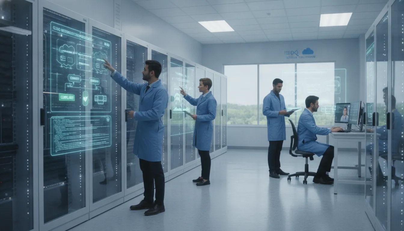 Life sciences IT team managing cloud compliance and GAMP 5 validation processes in a modern lab setting