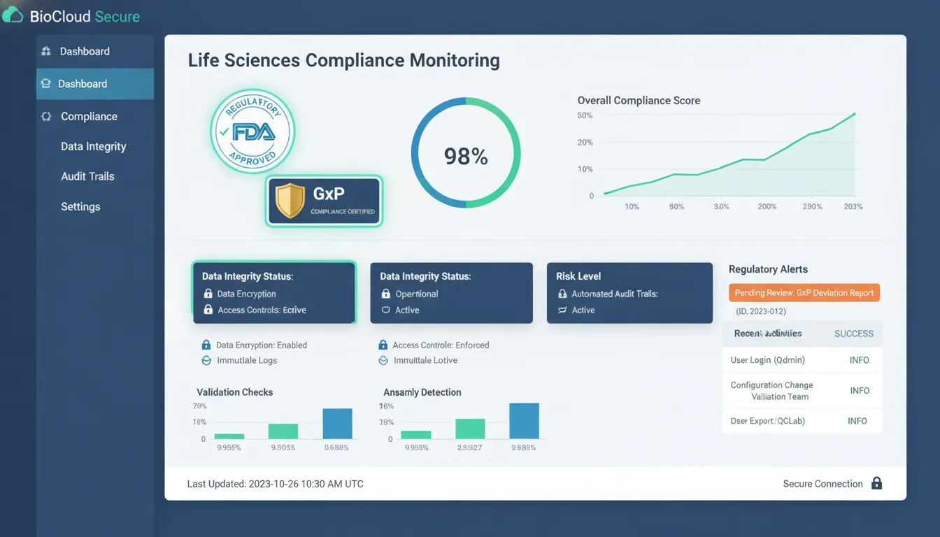 GxP cloud compliance shared responsibility dashboard showing provider and client obligations across physical security, infrastructure, and data layers