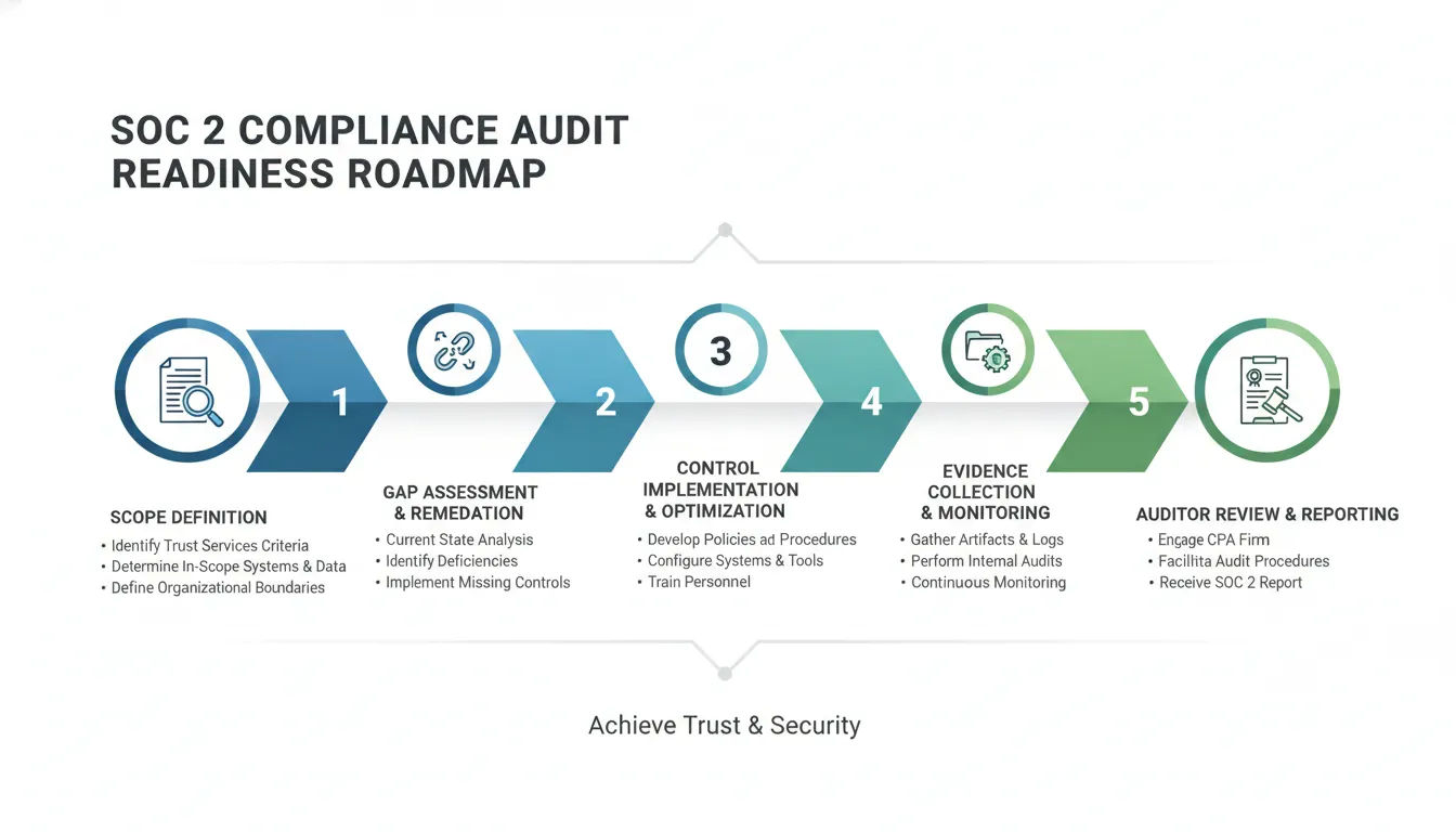 SOC 2 compliance audit readiness roadmap with five phases: scope, gap assessment, controls, evidence collection, and auditor engagement