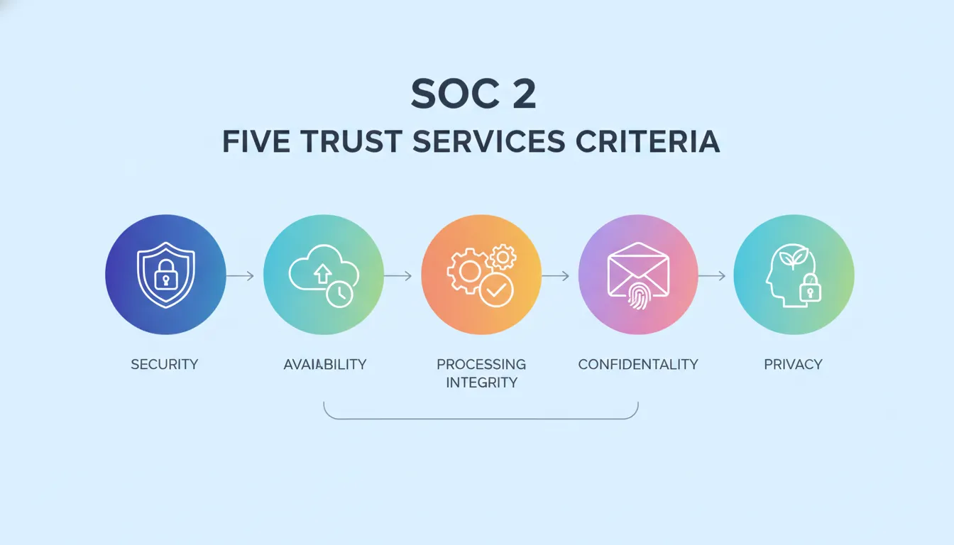 SOC 2 five Trust Services Criteria infographic showing Security, Availability, Processing Integrity, Confidentiality, and Privacy