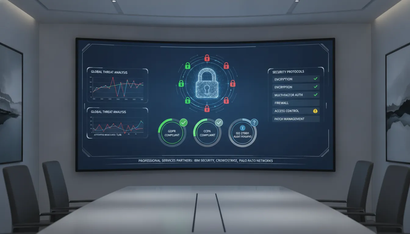 Data security dashboard with compliance checkmarks and threat monitoring interface for professional services firms
