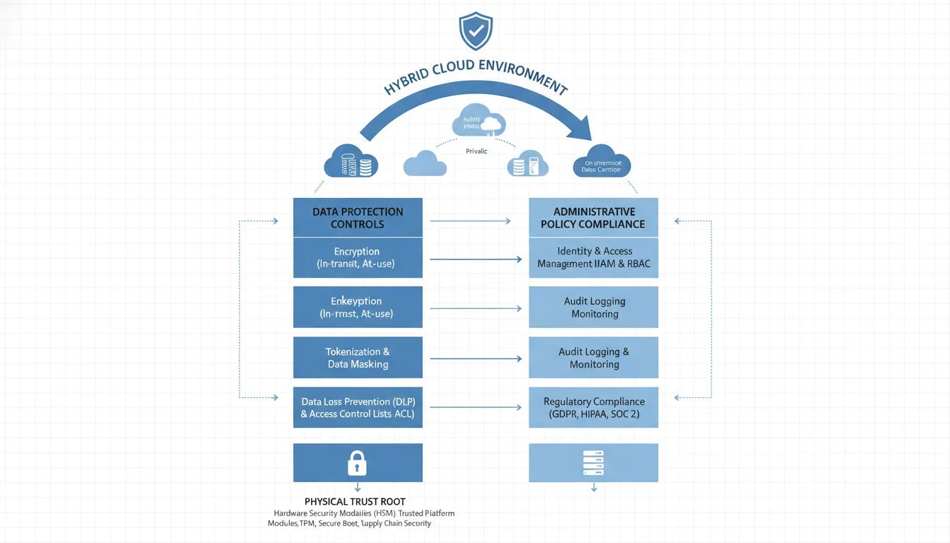 Enterprise hybrid cloud security pillars technical diagram illustrating physical trust root, data protection controls, and administrative policy compliance