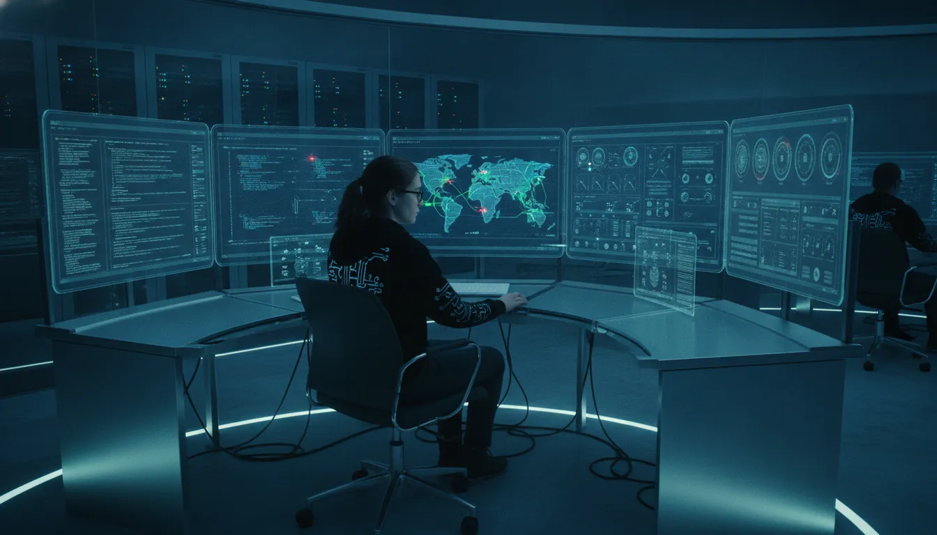 Cybersecurity engineer monitoring network traffic in a modern Security Operations Center