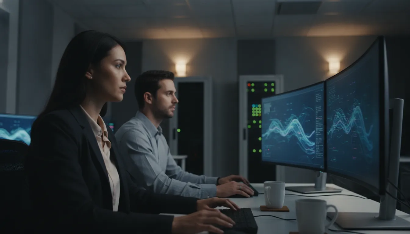 Two cybersecurity analysts monitoring threat data in a modern U.S.-based security operations center