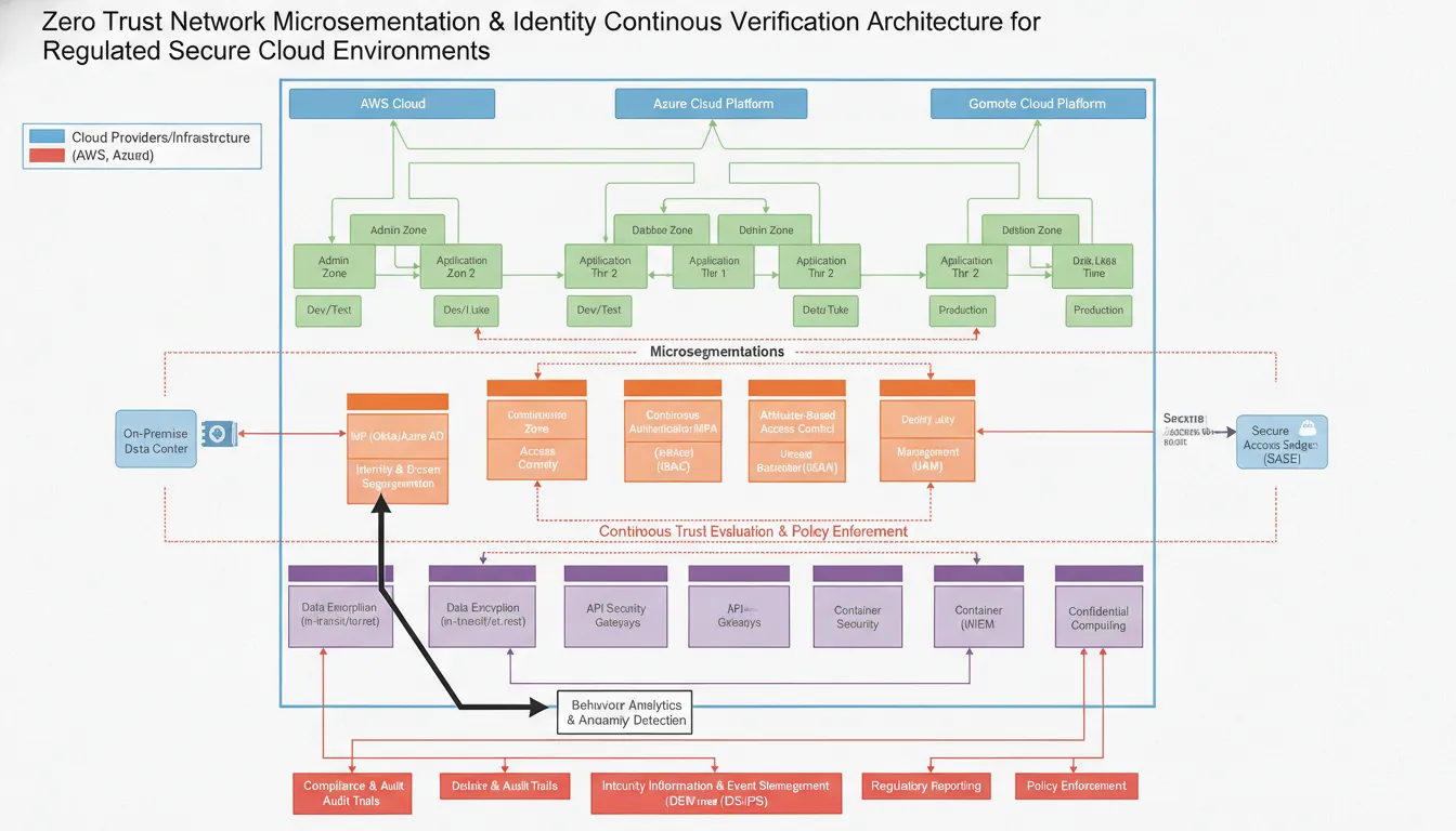 Zero trust network microsegmentation and identity continuous verification architecture diagram for regulated secure cloud environments