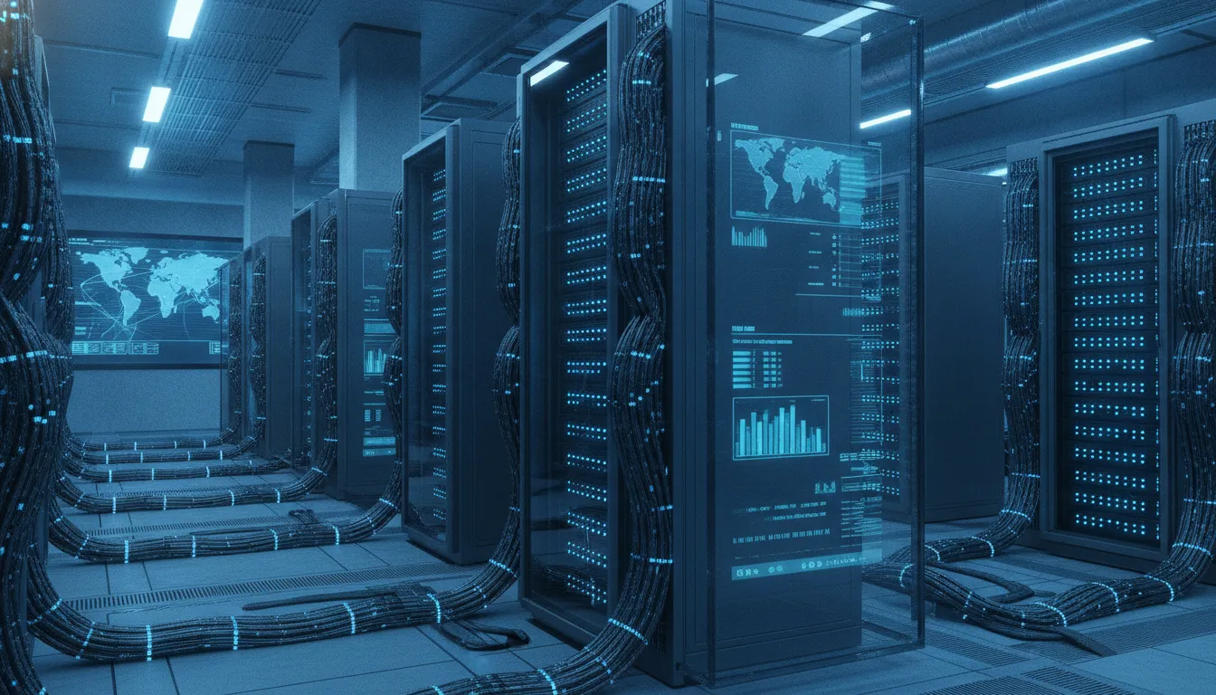 Secure servers with glowing blue status lights inside a high-tech datacenter