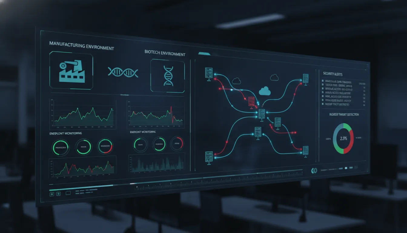 Cybersecurity dashboard monitoring endpoints across manufacturing and biotech environments with data loss protection alerts