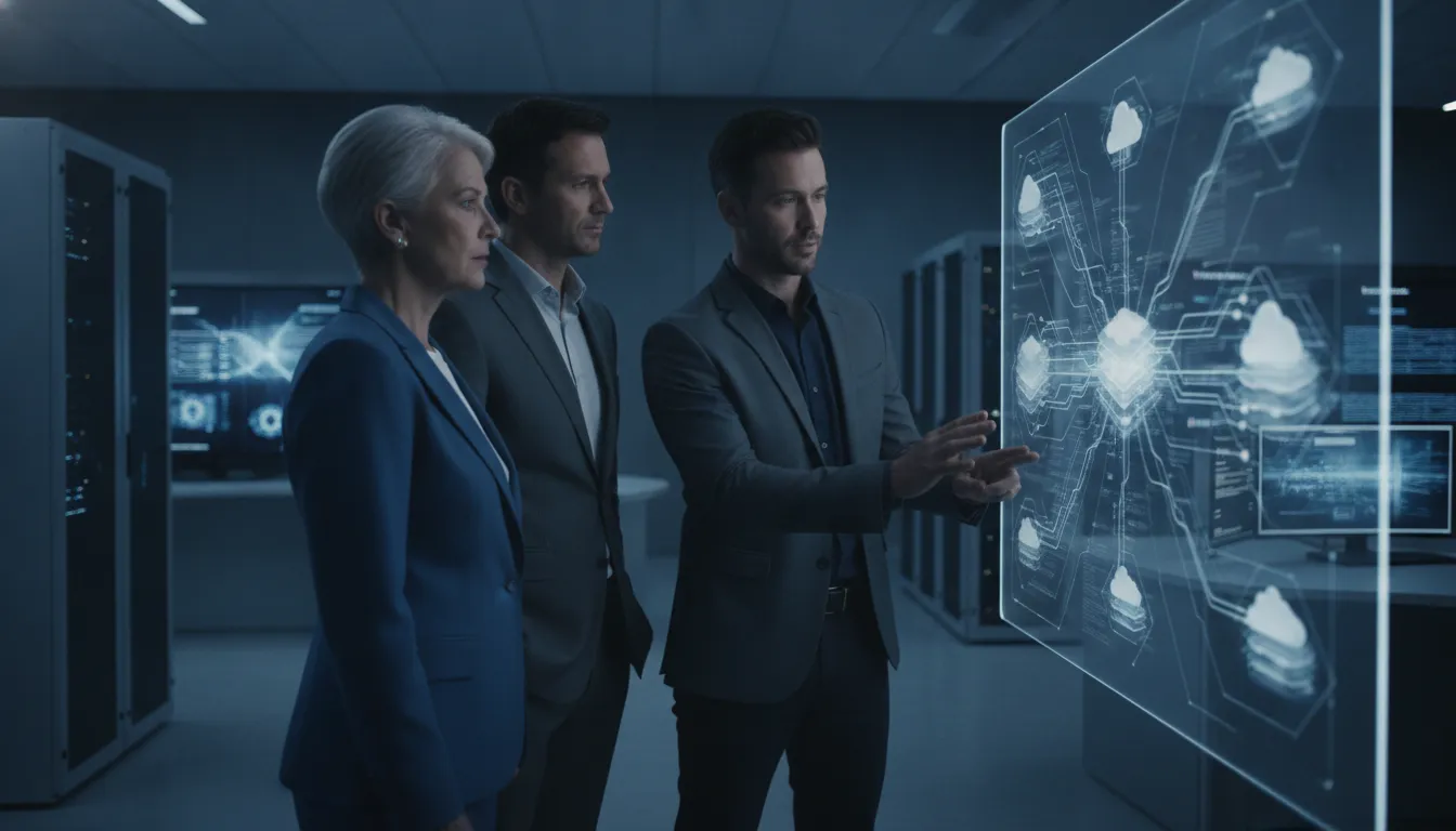 CIO and IT director reviewing a technology architecture roadmap with an engineering advisor