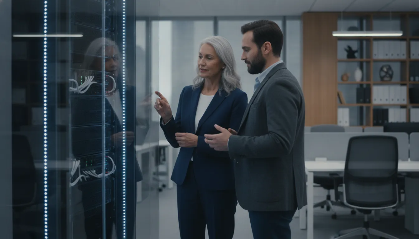 Law firm partner and IT security architect reviewing secure infrastructure